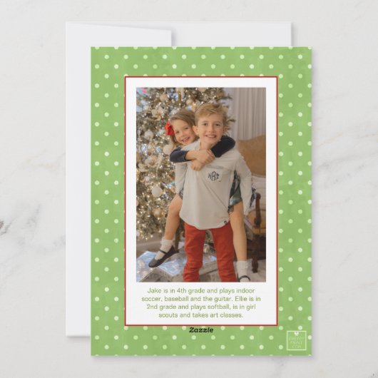 水彩グリーン水玉模様ボウクリスマスフォト シーズンカード (裏面)