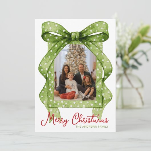 水彩グリーン水玉模様ボウクリスマスフォト シーズンカード (スタンド正面)