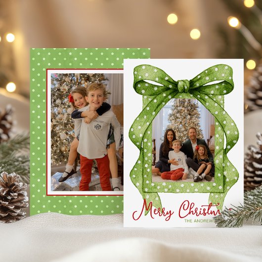 水彩グリーン水玉模様ボウクリスマスフォト シーズンカード