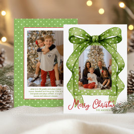 水彩グリーン水玉模様ボウクリスマスフォト シーズンカード