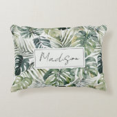水彩グリーン熱帯林離れ林パターン アクセントクッション (正面)