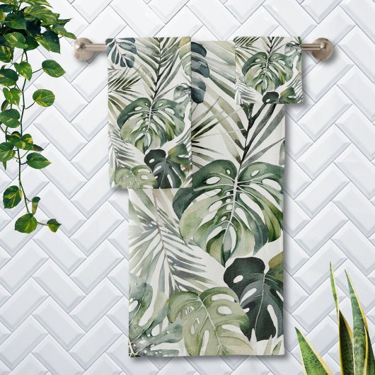水彩グリーン熱帯林離れ林パターン バスタオルセット