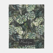 水彩グリーン熱帯林離れ林パターン フリースブランケット (正面)