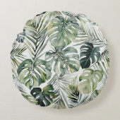 水彩グリーン熱帯林離れ林パターン ラウンドクッション (正面)