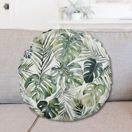 水彩グリーン熱帯林離れ林パターン ラウンドクッション