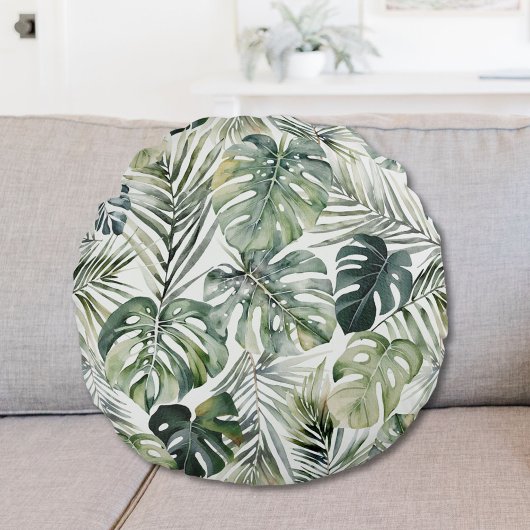 水彩グリーン熱帯林離れ林パターン ラウンドクッション