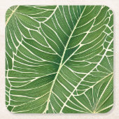 水彩グリーン熱帯葉 スクエアペーパーコースター (正面)