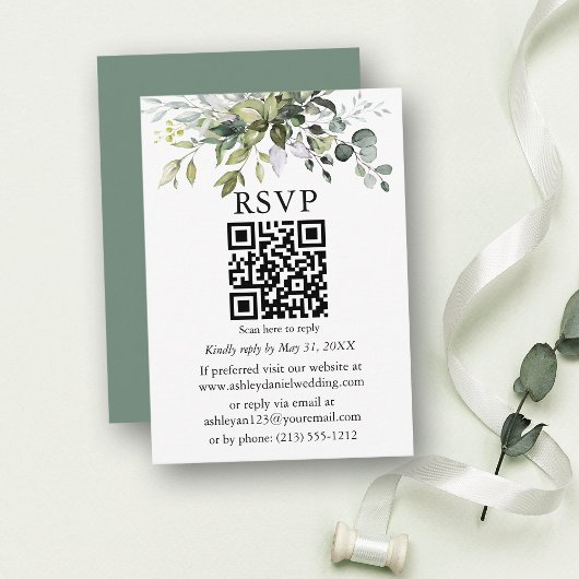 水彩グリーン結婚リーのSage Green QR RSVP エンクロージャーカード