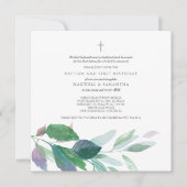 水彩グリーン葉ツインズバプテスマ 招待状 (正面)