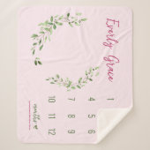 水彩グリーン葉ピンク赤ちゃんマイルストーン シェルパブランケット (正面)