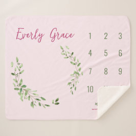 水彩グリーン葉ピンク赤ちゃんマイルストーン シェルパブランケット