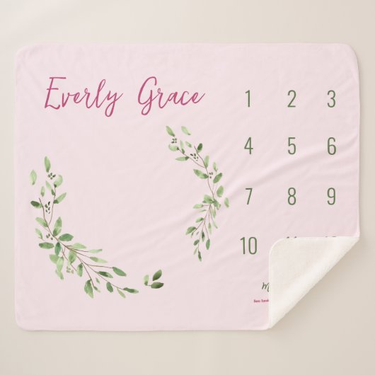 水彩グリーン葉ピンク赤ちゃんマイルストーン シェルパブランケット (正面(横))