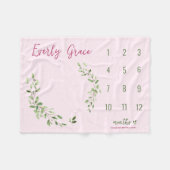 水彩グリーン葉ピンク赤ちゃんマイルストーン フリースブランケット (正面(横))