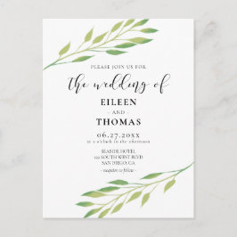 水彩グリーン葉結婚式招待状 ポストカード