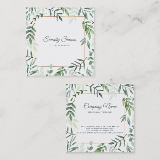 水彩グリーン葉 スクエア名刺 (正面/裏面)