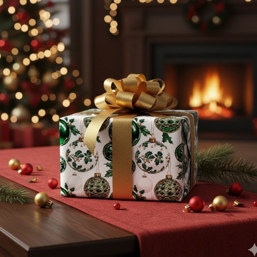 水彩グリーン金ゴールドグリッタークリスマスオーナメント ラッピングペーパー