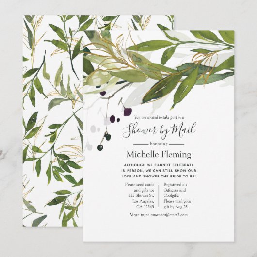 水彩グリーン ウェディングまたはベイビーシャワー by Mail 招待状 (正面/裏面)