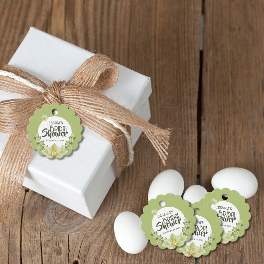 水彩グリーン クラビア 花の ブライダルシャワー フェイバータグ