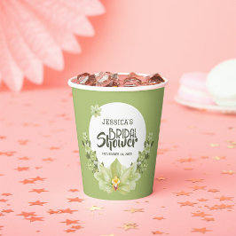 水彩グリーン クラビア 花の ブライダルシャワー 紙コップ