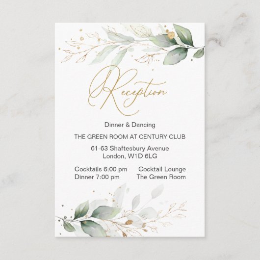 水彩グリーン＆ゴールドの葉の受付 エンクロージャーカード (正面)