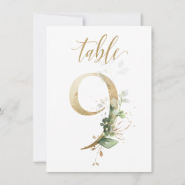 水彩グリーン＆ゴールドの葉の装飾、テーブルナンバー9 招待状