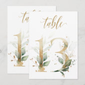 水彩グリーン＆ゴールドの葉の装飾、テーブル番号13 招待状 (正面/裏面)