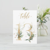 水彩グリーン＆ゴールドの葉の装飾、テーブル番号13 招待状 (スタンド正面)