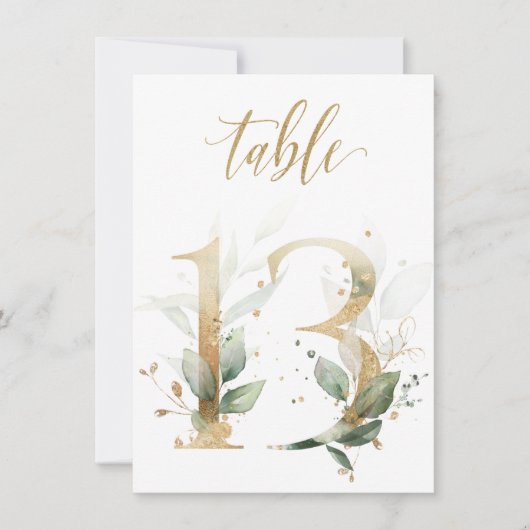 水彩グリーン＆ゴールドの葉の装飾、テーブル番号13 招待状 (正面)