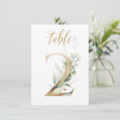 水彩グリーン＆ゴールドの葉の装飾、テーブル番号2 招待状 (スタンド正面)