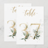 水彩グリーン＆ゴールドの葉の装飾、テーブル番号37 招待状 (正面/裏面)