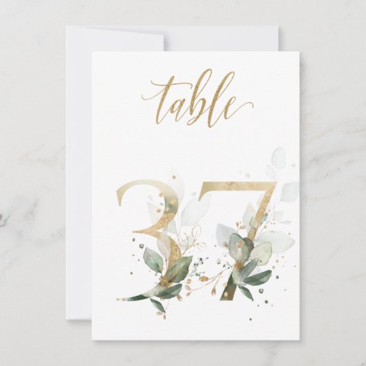 水彩グリーン＆ゴールドの葉の装飾、テーブル番号37 招待状 (正面)