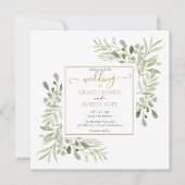 水彩グリーン ゴールド ジオメトリック スクリプト ウェディング 招待状 (正面)