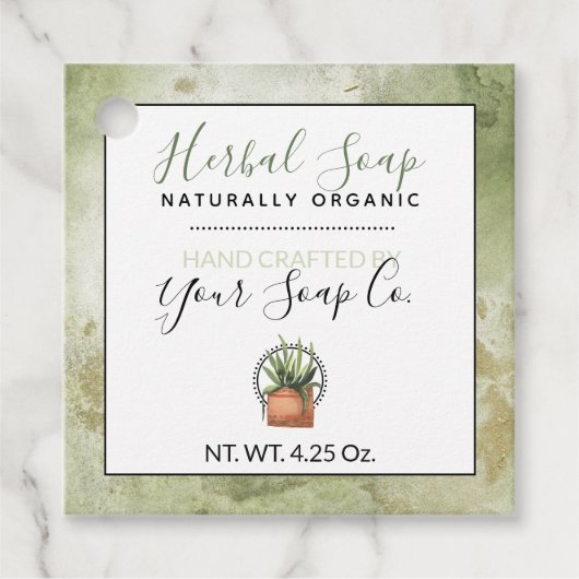 水彩グリーン＆ゴールド　ハンドメイド　ソープ　ハンギングタグ フェイバータグ (正面)