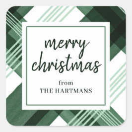 水彩グリーン　チェック柄　メリークリスマス　名前 スクエアシール