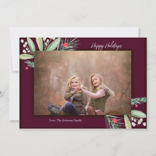 水彩グリーン ハッピーホリデー クリスマスカード (正面)