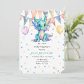 水彩グリーン パープル ドラゴン少年誕生日パーティー 招待状 (スタンド正面)