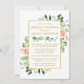 水彩グリーン ピンクのバラ ブライダルシャワー ゴールド 招待状 (正面)