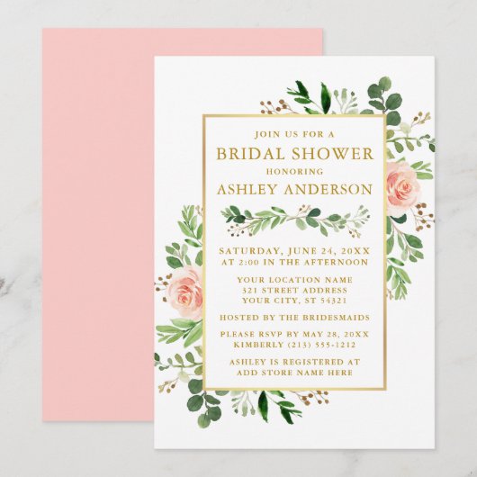 水彩グリーン ピンクのバラ ブライダルシャワー ゴールド 招待状 (正面/裏面)