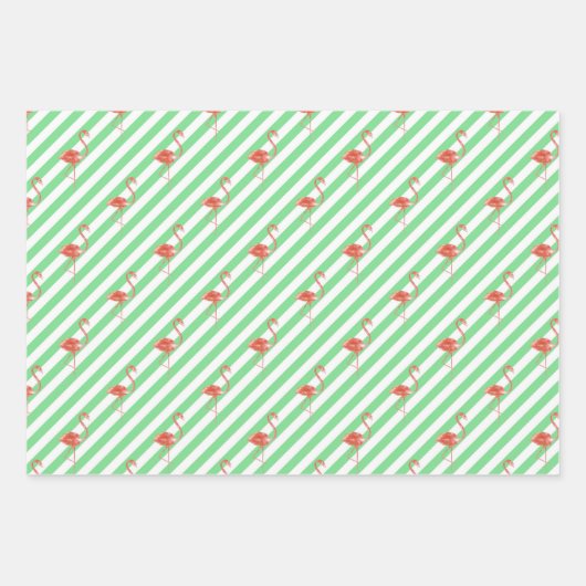 水彩グリーン(ピンクのフラミンゴ付) ラッピングペーパーシート (正面3)