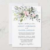 水彩グリーン ピンク ダスティーブルー フォト ウェディング 招待状 (正面)