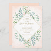 水彩グリーン ピンク ローズ 花のベイビーシャワー 招待状 (正面/裏面)