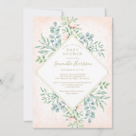 水彩グリーン ピンク ローズ 花のベイビーシャワー 招待状