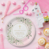 水彩グリーン ピンク 初めての聖体拝領 ペーパープレート (パーティー)