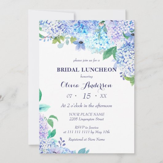 水彩グリーン ブルー 紫陽花 ウェディングランチョン 招待状 (正面)