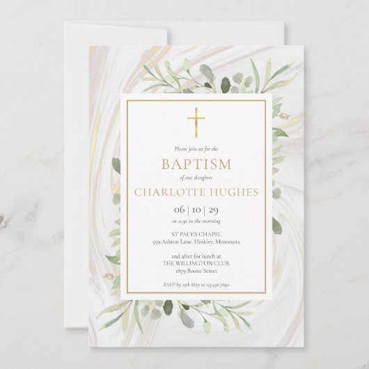 水彩グリーン マーブル 洗礼 誕生 招待状 (正面)