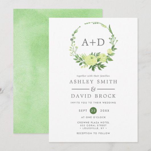 水彩グリーン モノグラムリース ウェディング 招待状 (正面/裏面)