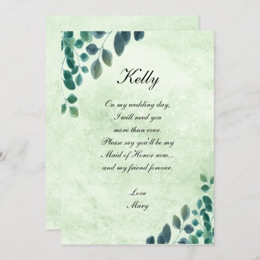 水彩グリーン ユーカリの葉 メイド・オブ・オナー 招待状 (正面/裏面)