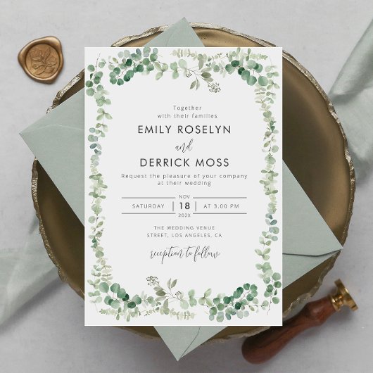 水彩グリーン ユーカリ ウェディング 招待状