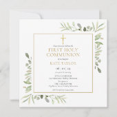 水彩グリーン 初めての聖体拝領 スクエア 招待状 (正面)