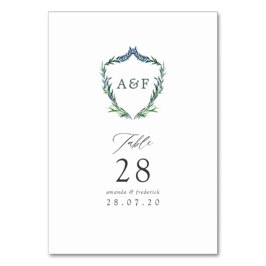 水彩グリーン 月桂の crest モノグラム ウェディング テーブルナンバー (正面)